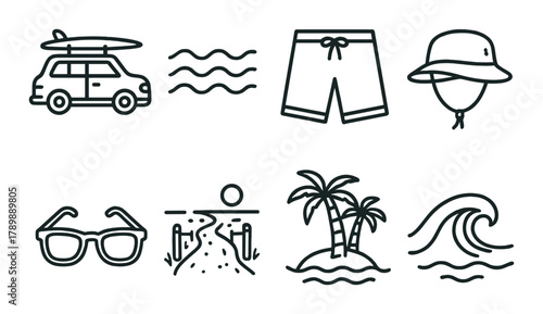 Beach adventure icons: surfboard, waves, shorts, hat, sunglasses, island, palm trees, wave