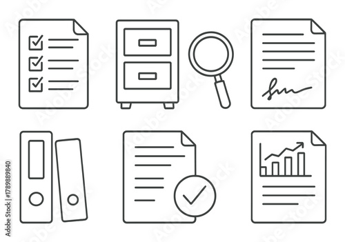 Outline icons for office work: checklists, filing, magnifying glass, documents, binders, graphs