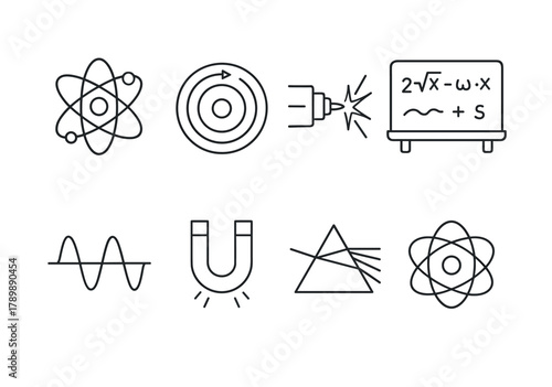 Physics and chemistry line icons: atom, magnet, wave, prism, formulas