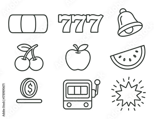 Classic slot machine symbols: sevens, bells, cherries, fruits, coins, lemon