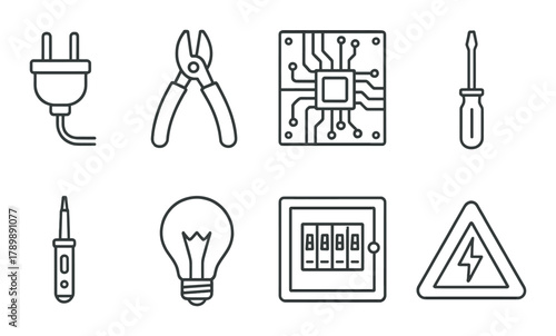 Electrical tools and circuit icons on dark background
