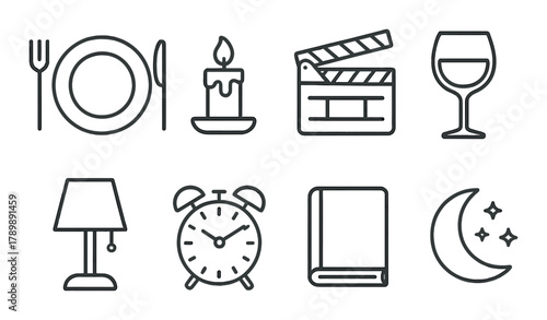 Line art icon set featuring dining, candle, film, wine, lamp, clock, book, and moon