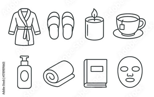 Spa essentials: relaxing icons of robe, slippers, candle, tea, lotion, towel, book, mask on black