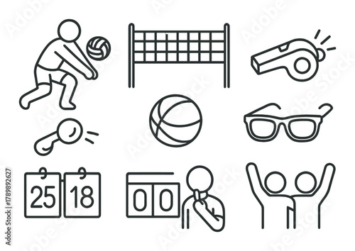 Outline sports icons featuring volleyball player, net, whistle, ball, calendar