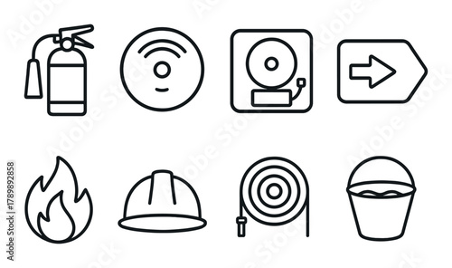 Fire safety icons: extinguisher, alarm, helmet, hose, bucket on metallic background