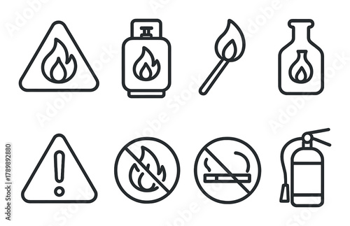 Fire safety icons: matches, extinguisher, no smoking, flammable signs on black background