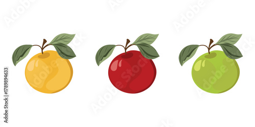 Apple set, yellow, green, red. Hand drawn vector illustration. Tasty fruits collection
