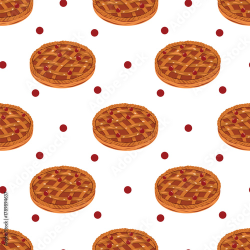 Pie with berries seamless pattern. Hand drawn baked food background