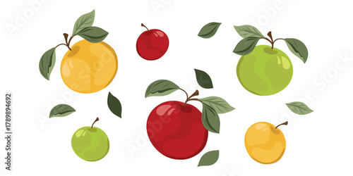 Apples with leaves set. Hand drawn vector illustration. Tasty fruits collection