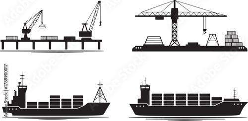 Silhouette of industrial cargo crane and container ship at sea harbor vector