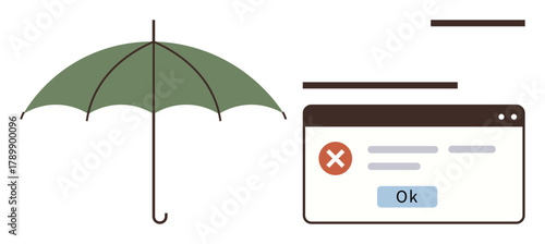 Green umbrella beside error prompt with an Ok button indicates protection, troubleshooting, caution, security, system failure, digital protection, or prevention. Ideal for cybersecurity, data safety