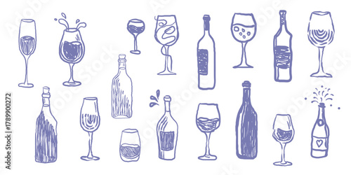 Cocktails,wine,glass doodle hand drawn icon set. Blue and white sketch. Outline drawing cocktails line clipart symbol.Vector illustration