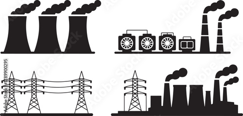 Silhouette of power plant and industrial zone with electrical substation vector design