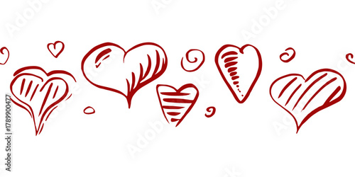 Hand drawn sketched hearts, playful doodles and swirls arranged in continuous border. Isolated vector ink seamless banner illustration. Valentine decoration, website header, romantic greeting design.