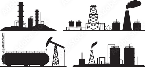Set of Industrial Buildings Vector Silhouette with Oil Derrick and Storage Tanks