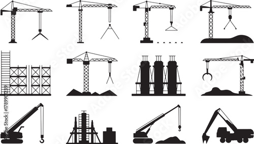 Silhouette of construction site elements like cranes scaffolding and other machinery