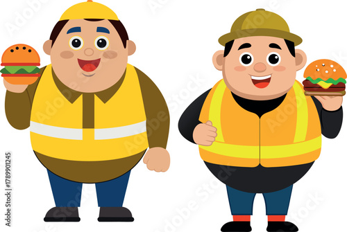 construction worker eating burger, funny builder cartoon, fast food art design, worker break time illustration, happy employee snack, industrial humor art, lifestyle food cartoon, lunch break vector, 