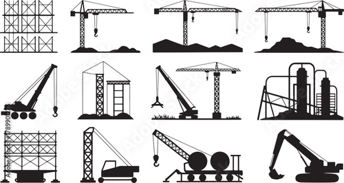 Silhouette of different construction cranes and scaffolding isolated on background