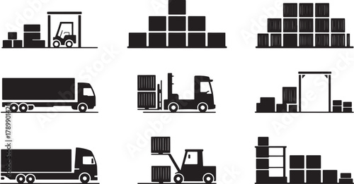 Set of Warehouse Buildings with Trucks Forklifts and Stacks Pallets Silhouette Vector