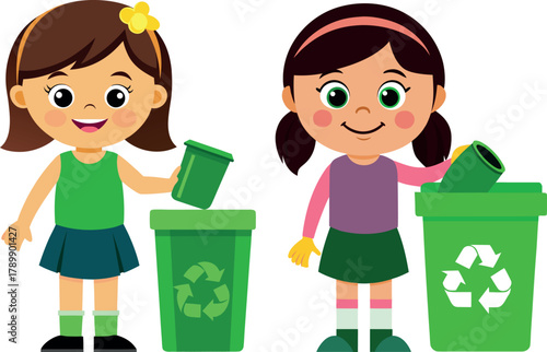 girl recycling waste, eco friendly cartoon, save earth concept, environmental awareness art, garbage sorting design, clean environment vector, nature care illustration, child green activity, social aw
