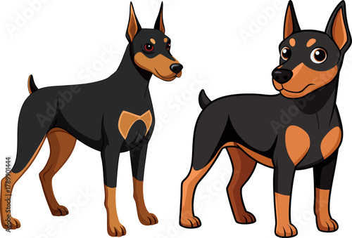 doberman dog pose, black dog illustration, strong guard animal, pet drawing design, loyal dog vector, animal strength artwork, smart companion cartoon, bravery pet concept, artistic animal illustratio