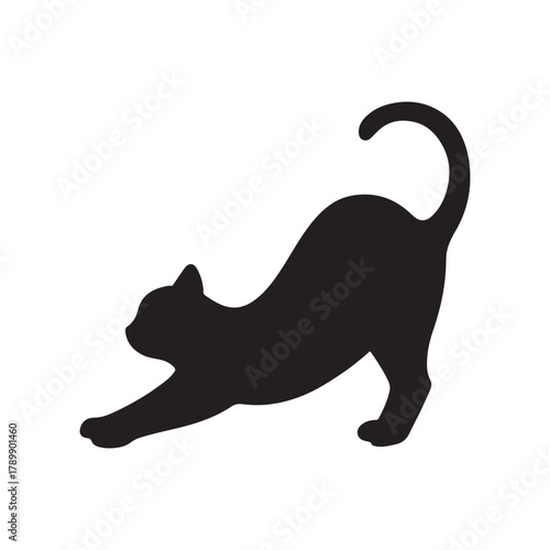 Black cat silhouette stretching against white background cute feline domestic pet stretching body paws and tail pet care design element
