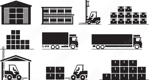 Set of Warehouse Buildings with Trucks Forklifts and Stacks Pallets Silhouette Vector