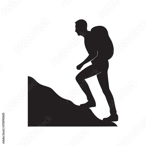 Silhouette of a hiker climbing a rocky hill with a backpack in the mountains trekking adventure illustration