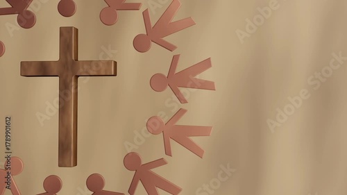 A 3D animation of figures circling a cross suggests meditation, community, and shared belief. This symbolizes people gathering around the continuous nature of worship or a life centered on the cross.
