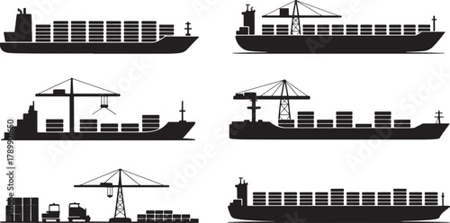 Set of Vector Silhouettes of Container Ships and Cranes Isolated on Transparent
