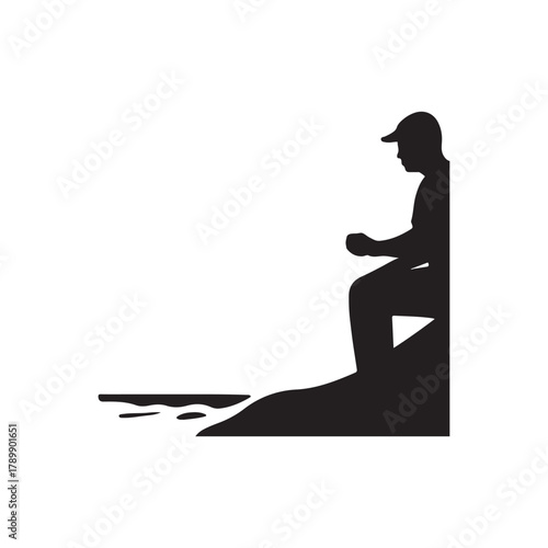 Silhouette of a man fishing on the rocky coast with calm water in minimalist style