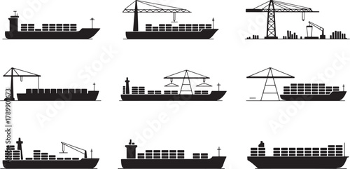 Set of Vector Silhouettes of Container Ships and Cranes on Transparent Background