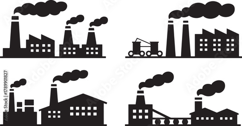 Black Silhouette Illustration of Industrial Buildings Factories Emitting Smoke