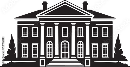 Dark Silhouette of Classical House with Columns on Transparent Canvas