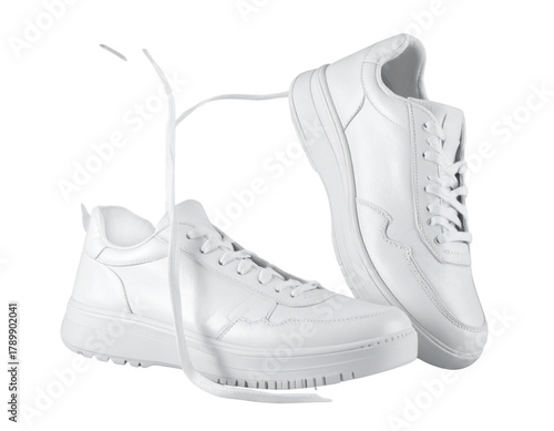  Stylish White Shoes in Motion – Floating Sneaker Pair with Loose Laces PNG