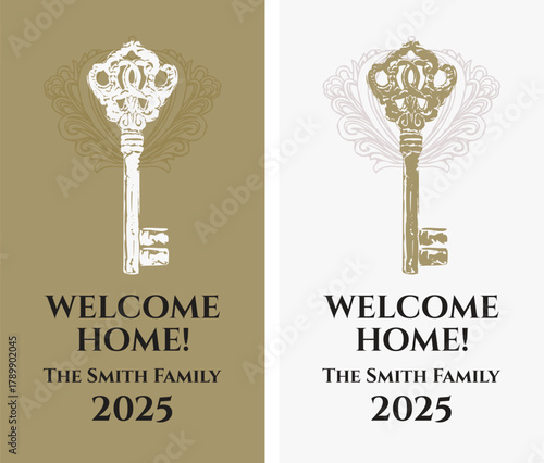 Vector banner set or custom, personalized alcohol bottle label featuring a key. With vintage lettering, font, and decor. Suitable for housewarmings, anniversaries, and celebrations. No AI.