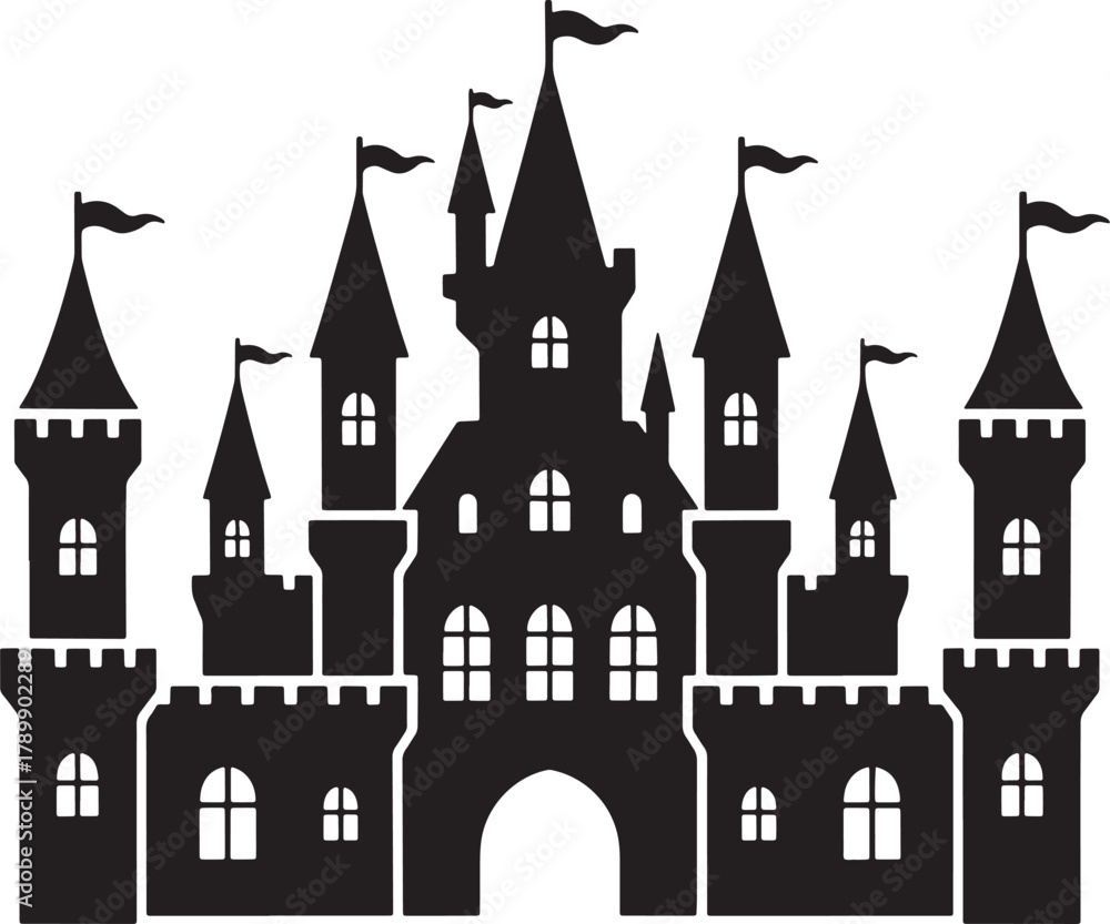 Obraz premium Fairytale Castle Silhouette Illustration of Medieval Fortress Building Architecture Design