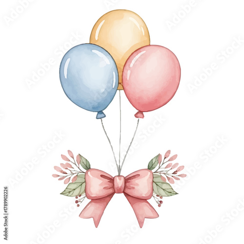 Watercolor Balloons with Pink Bow and Floral Accents