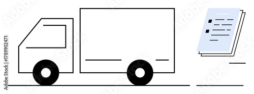 Delivery truck with wheels beside documents, illustrating logistics, shipping, document management. Ideal for transportation, supply chain, planning, distribution, logistics e-commerce business