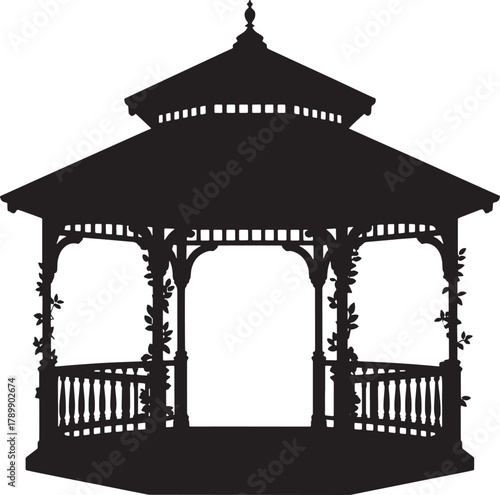 Outline Gazebo with Floral Tendrils Adorning Posts and Support Structures Design
