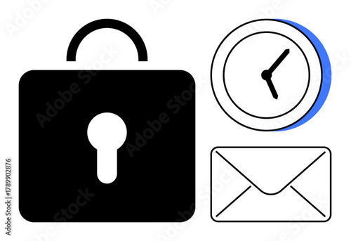 Black lock, clock with blue accent, and envelope. Ideal for privacy, cybersecurity, time management, work productivity, email protection secure messaging and secure communication. Simple flat