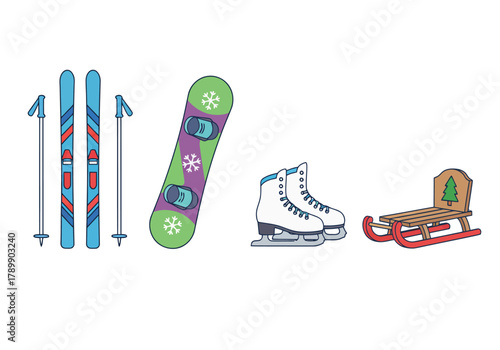 A collection of winter sports equipment including skis, a snowboard, ice skates, and a sled, isolated on a white background.
