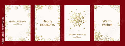 Set of 4 luxury celebration Christmas cards with golden gradient geometric snowflakes, stars and text. Flat vector illustration. Universal design for poster, cover, label, invitation.