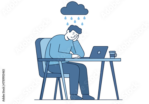 A sad, tired man sits at his desk under a personal rain cloud, symbolizing depression, stress, and work burnout.