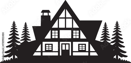 Cabin Silhouette Isolated on Transparent Background for Winter Holiday Design