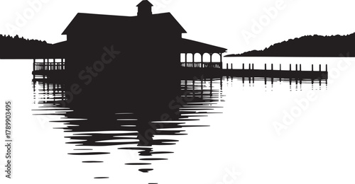 Dark Silhouette of Lakeside Cabin With Dock Reflection on Transparent Backdrop