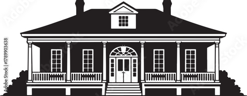 Antebellum home silhouette with detailed architectural features and front porch design