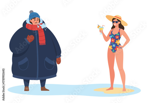 Illustration of seasonal contrast showing a person freezing in winter gear and a woman in a swimsuit for summer.
