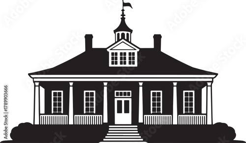 Antebellum house silhouette with architectural details, roof and porch design element