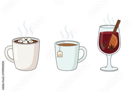 A set of three illustrated hot winter drinks: hot chocolate, tea, and mulled wine.